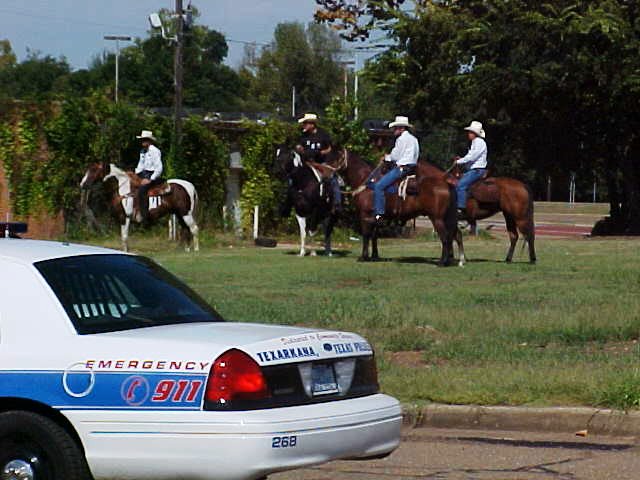 Police officers waiting for instruction on horse back.